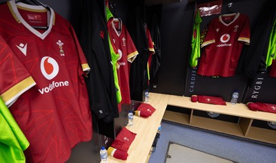 200226 - Wales U20 v Scotland U20, 2026 U20 Six Nations - Match jerseys hang in the Wales changing room