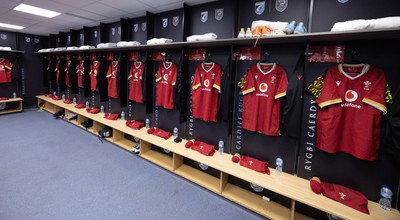 200226 - Wales U20 v Scotland U20, 2026 U20 Six Nations - Match jerseys hang in the Wales changing room