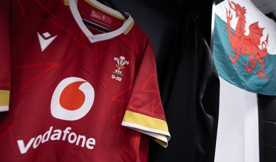 200226 - Wales U20 v Scotland U20, 2026 U20 Six Nations - Match jerseys hang in the Wales changing room