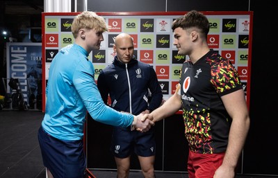 200226 - Wales U20 v Scotland U20, 2026 U20 Six Nations - Coin toss with Ross Wolfenden of Scotland and Deian Gwynne of Wales