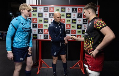 200226 - Wales U20 v Scotland U20, 2026 U20 Six Nations - Coin toss with Ross Wolfenden of Scotland and Deian Gwynne of Wales