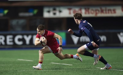 200226 - Wales U20 v Scotland U20, 2026 U20 Six Nations - Carwyn Leggatt-Jones of Wales takes on Jake Dalziel of Scotland