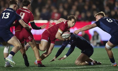 200226 - Wales U20 v Scotland U20, 2026 U20 Six Nations - Carwyn Leggatt-Jones of Wales breaks for the line