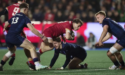 200226 - Wales U20 v Scotland U20, 2026 U20 Six Nations - Carwyn Leggatt-Jones of Wales breaks for the line