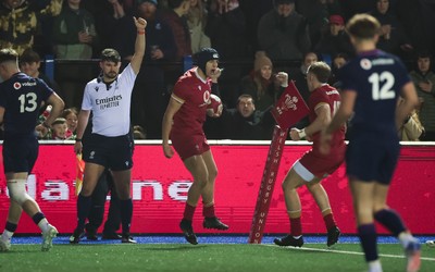 200226 - Wales U20 v Scotland U20, 2026 U20 Six Nations -  Dylan Scott of Wales celebrates after he scores try