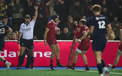 200226 - Wales U20 v Scotland U20, 2026 U20 Six Nations -  Dylan Scott of Wales celebrates after he scores try