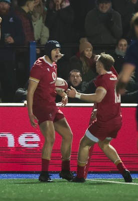 200226 - Wales U20 v Scotland U20, 2026 U20 Six Nations -  Dylan Scott of Wales celebrates after he scores try