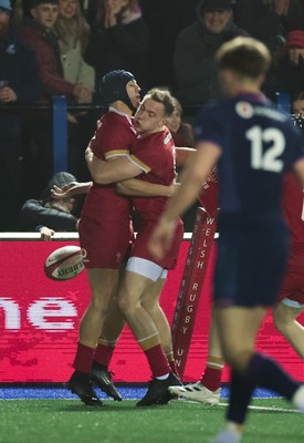 200226 - Wales U20 v Scotland U20, 2026 U20 Six Nations -  Dylan Scott of Wales celebrates after he scores try