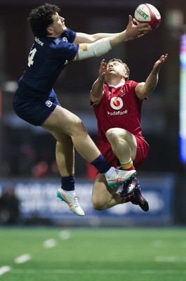 200226 - Wales U20 v Scotland U20, 2026 U20 Six Nations - Tom Bowen of Wales and Nairn Moncrieff of Scotland compete for the ball