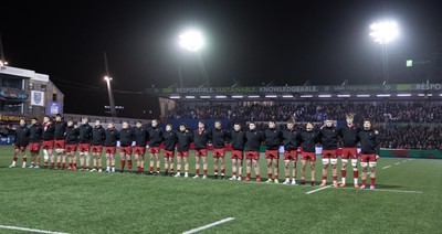 200226 - Wales U20 v Scotland U20, 2026 U20 Six Nations - The Wales team line up for the anthem