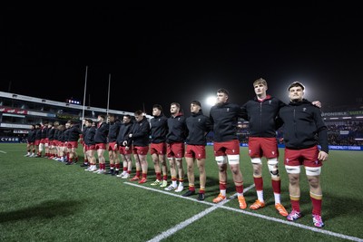 200226 - Wales U20 v Scotland U20, 2026 U20 Six Nations - The Wales team line up for the anthem