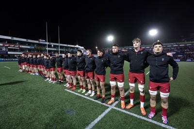 200226 - Wales U20 v Scotland U20, 2026 U20 Six Nations - The Wales team line up for the anthem