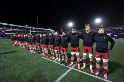 200226 - Wales U20 v Scotland U20, 2026 U20 Six Nations - The Wales team line up for the anthem