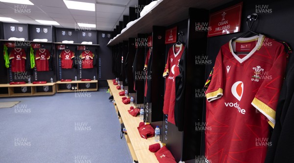 200226 - Wales U20 v Scotland U20, 2026 U20 Six Nations - Match jerseys hang in the Wales changing room
