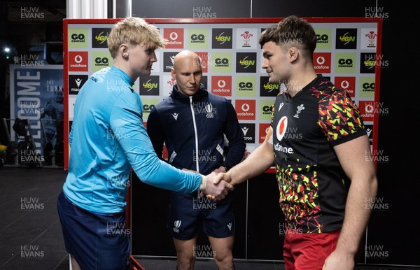 200226 - Wales U20 v Scotland U20, 2026 U20 Six Nations - Coin toss with Ross Wolfenden of Scotland and Deian Gwynne of Wales