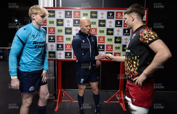 200226 - Wales U20 v Scotland U20, 2026 U20 Six Nations - Coin toss with Ross Wolfenden of Scotland and Deian Gwynne of Wales