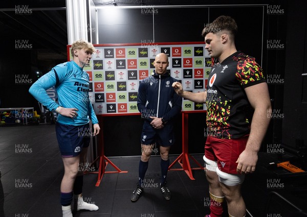 200226 - Wales U20 v Scotland U20, 2026 U20 Six Nations - Coin toss with Ross Wolfenden of Scotland and Deian Gwynne of Wales