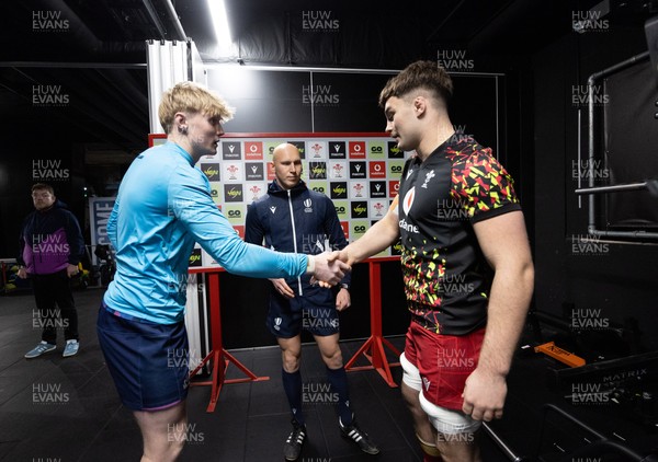 200226 - Wales U20 v Scotland U20, 2026 U20 Six Nations - Coin toss with Ross Wolfenden of Scotland and Deian Gwynne of Wales