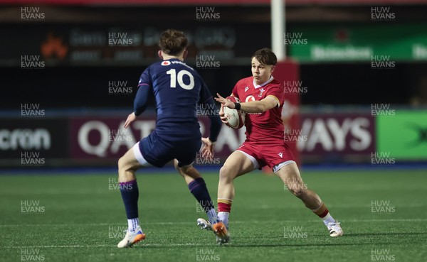 200226 - Wales U20 v Scotland U20, 2026 U20 Six Nations - Carwyn Leggatt-Jones of Wales takes on Jake Dalziel of Scotland