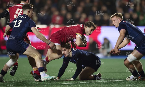 200226 - Wales U20 v Scotland U20, 2026 U20 Six Nations - Carwyn Leggatt-Jones of Wales breaks for the line