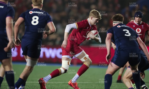 200226 - Wales U20 v Scotland U20, 2026 U20 Six Nations - Osian Williams of Wales charges for the line