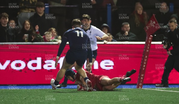 200226 - Wales U20 v Scotland U20, 2026 U20 Six Nations -  Dylan Scott of Wales scores try