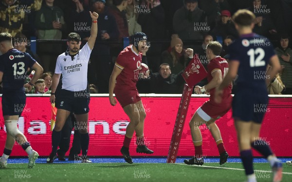 200226 - Wales U20 v Scotland U20, 2026 U20 Six Nations -  Dylan Scott of Wales celebrates after he scores try