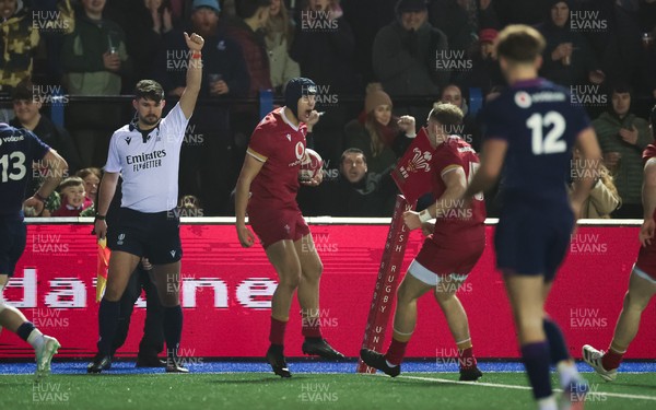 200226 - Wales U20 v Scotland U20, 2026 U20 Six Nations -  Dylan Scott of Wales celebrates after he scores try