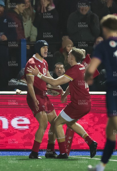 200226 - Wales U20 v Scotland U20, 2026 U20 Six Nations -  Dylan Scott of Wales celebrates after he scores try