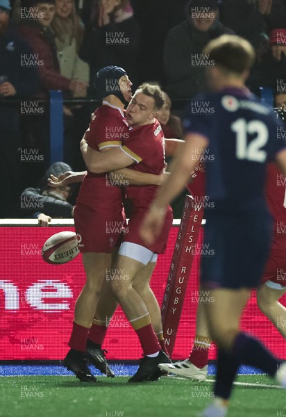 200226 - Wales U20 v Scotland U20, 2026 U20 Six Nations -  Dylan Scott of Wales celebrates after he scores try