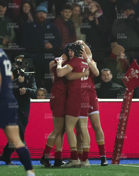200226 - Wales U20 v Scotland U20, 2026 U20 Six Nations -  Dylan Scott of Wales celebrates after he scores try