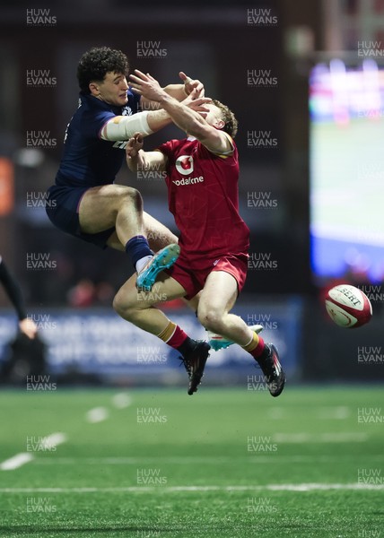 200226 - Wales U20 v Scotland U20, 2026 U20 Six Nations - Tom Bowen of Wales and Nairn Moncrieff of Scotland compete for the ball