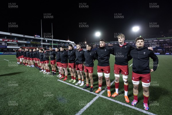 200226 - Wales U20 v Scotland U20, 2026 U20 Six Nations - The Wales team line up for the anthem