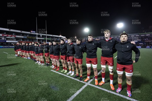 200226 - Wales U20 v Scotland U20, 2026 U20 Six Nations - The Wales team line up for the anthem