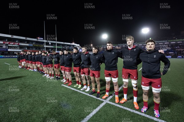 200226 - Wales U20 v Scotland U20, 2026 U20 Six Nations - The Wales team line up for the anthem