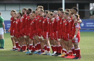 070721 - Wales U20 v England U20, 2021 Six Nations U20 Championship - The Wales team lineup for the national anthem