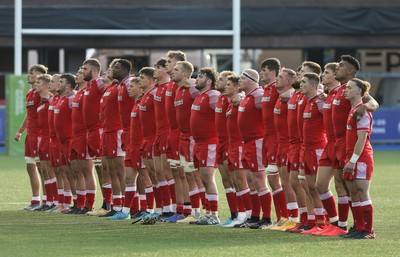 070721 - Wales U20 v England U20, 2021 Six Nations U20 Championship - The Wales team lineup for the national anthem