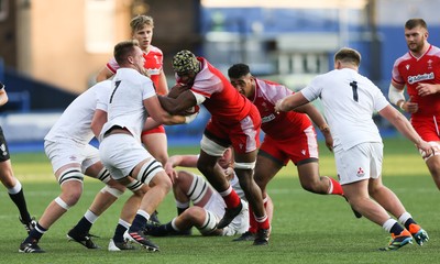 070721 - Wales U20 v England U20, 2021 Six Nations U20 Championship - Christ Tshiunza of Wales charges forward