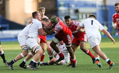 070721 - Wales U20 v England U20, 2021 Six Nations U20 Championship - Christ Tshiunza of Wales charges forward