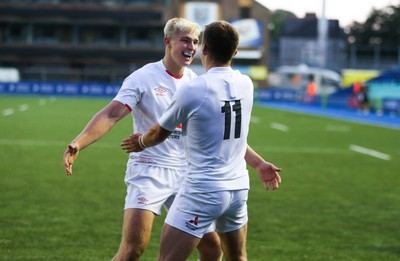 070721 - Wales U20 v England U20, 2021 Six Nations U20 Championship - Arthur Relton of England celebrates with Jack van Poortvliet of England after scoring try