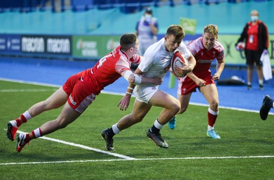 070721 - Wales U20 v England U20, 2021 Six Nations U20 Championship - Arthur Relton of England powers through to score try