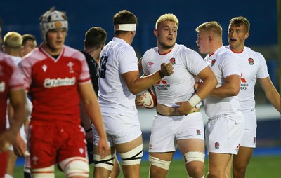 070721 - Wales U20 v England U20, 2021 Six Nations U20 Championship - Nahum Merigan of England is congratulated after scoring try