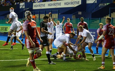 070721 - Wales U20 v England U20, 2021 Six Nations U20 Championship - England players celebrate after Nahum Merigan of England powers over for a try in the final minute of the match