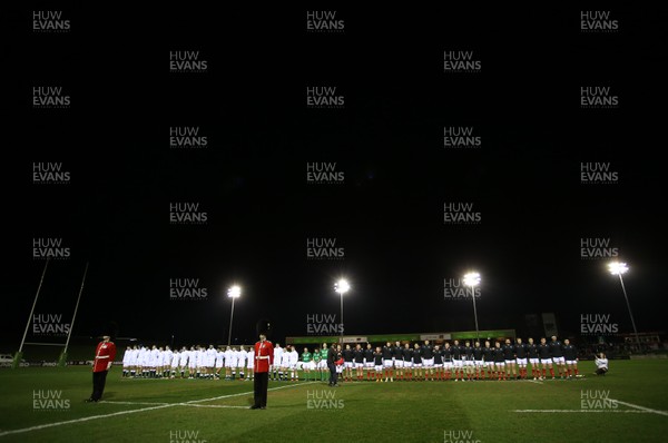 220219 - Wales U20s v England U20s - U20s 6 Nations Championship - Teams line up to sing the anthems