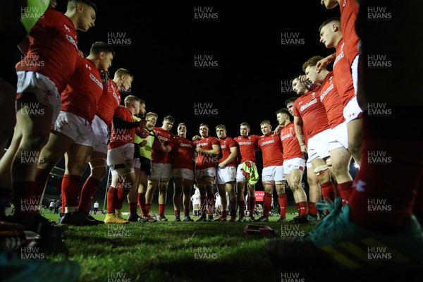 220219 - Wales U20s v England U20s - U20s 6 Nations Championship - Wales team huddle at full time