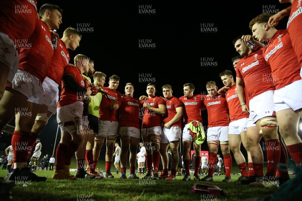 220219 - Wales U20s v England U20s - U20s 6 Nations Championship - Wales team huddle at full time