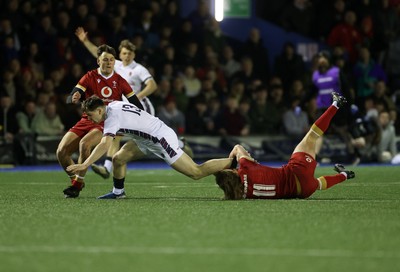 140325 - Wales U20s v England U20s - U20s Six Nations Championship - Angus Hall of England is tackled by Aidan Boshoff of Wales 