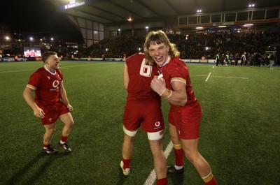 140325 - Wales U20s v England U20s - U20s Six Nations Championship - Tom Bowen, Deian Gwynne and Aidan Boshoff of Wales celebrate at full time