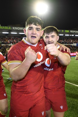 140325 - Wales U20 v England U20 - Six Nations Chamionship - Sam Scott and Harry Thomas of Wales U20s celebrates the win at full time