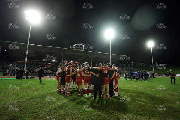 100322 - Wales U20s v France U20s - U20s 6 Nations Championship - Wales team huddle at full time